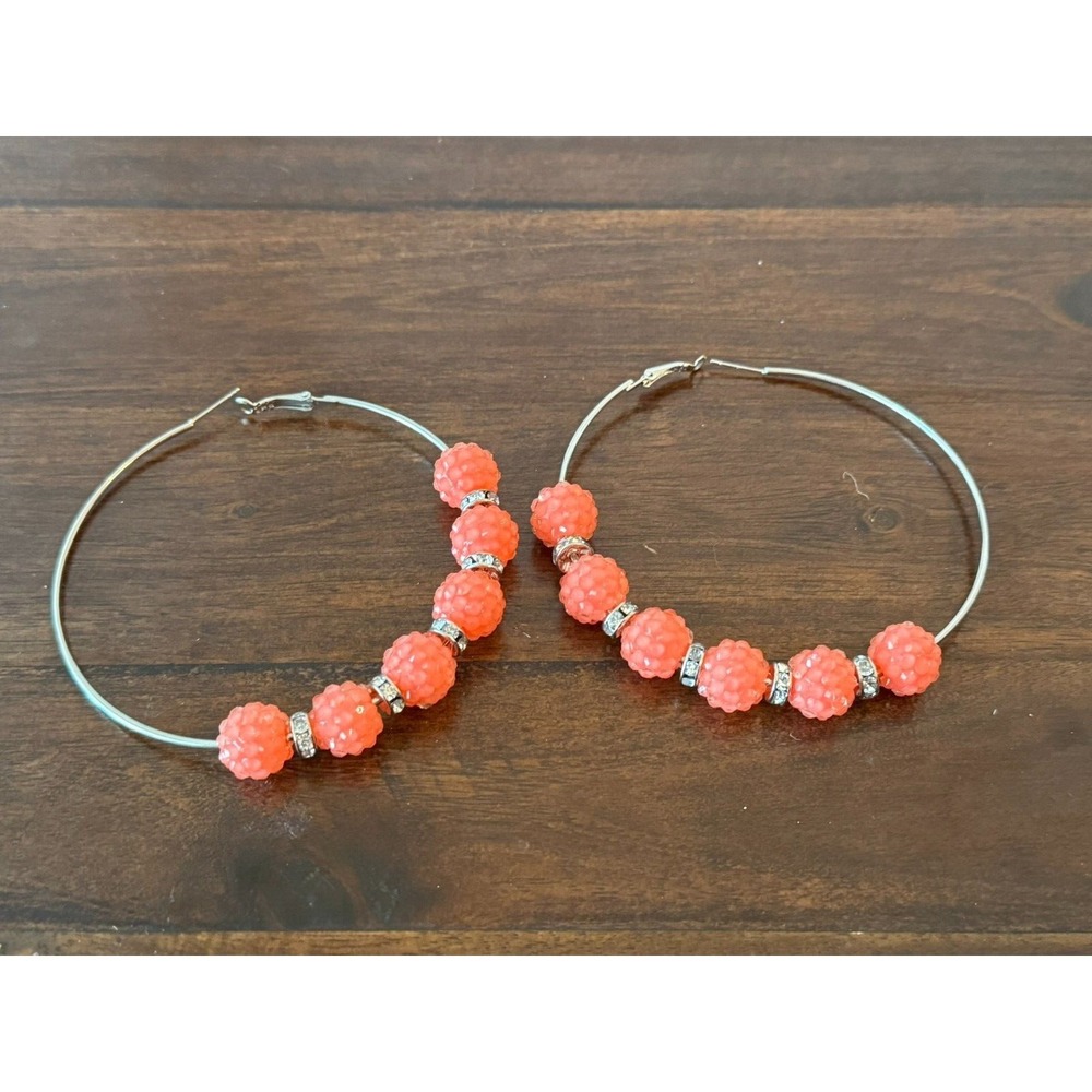 Pink Bead and Rhinestone Hoop Earrings Silver Tone 3" Women Pierced Ears